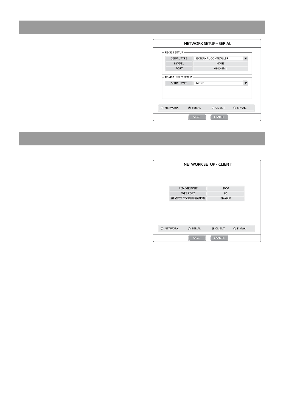 Serial setup, Client setup | OpenEye OE2-E480 User Manual | Page 36 / 72