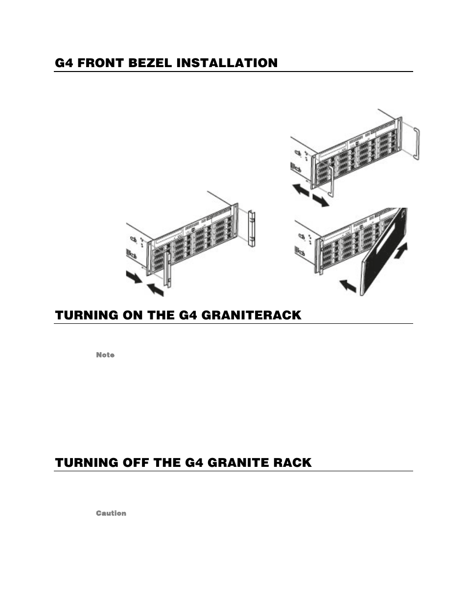 G4 front bezel installation, Turning on the g4 graniterack, Turning off the g4 granite rack | OpenEye G4 GraniteRack User Manual | Page 17 / 30