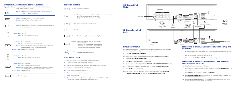 4/8 channel poe model 16 channel non-poe model, Directional and playback control buttons, Function buttons | Quick installation, Enable reportstar | OpenEye OE-ENVR Quick Start User Manual | Page 2 / 2