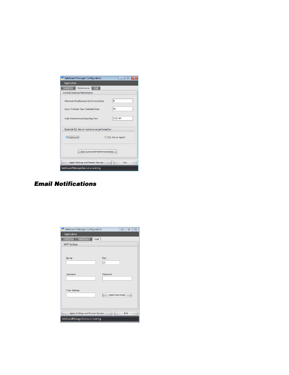 Configuring sql server maintenance, Email notifications | OpenEye SaleGuard User Manual | Page 10 / 62