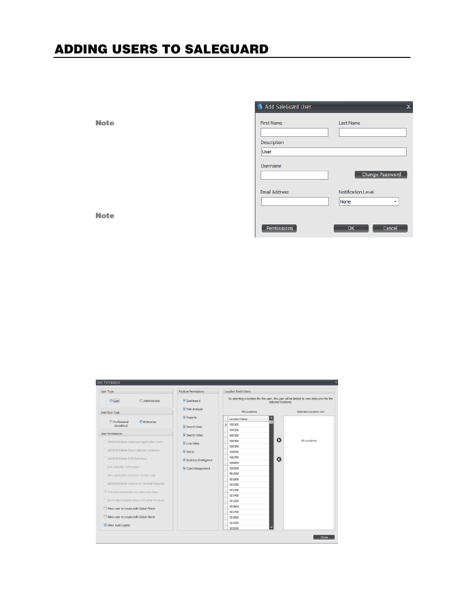 Adding users to saleguard, User permissions | OpenEye SaleGuard User Manual | Page 22 / 62