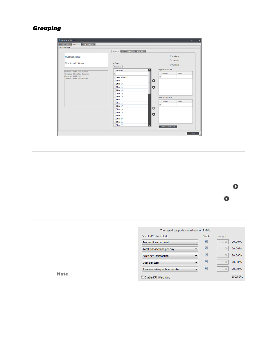 Grouping, Members, Kpi configuration | Employee shifts | OpenEye SaleGuard User Manual | Page 35 / 62