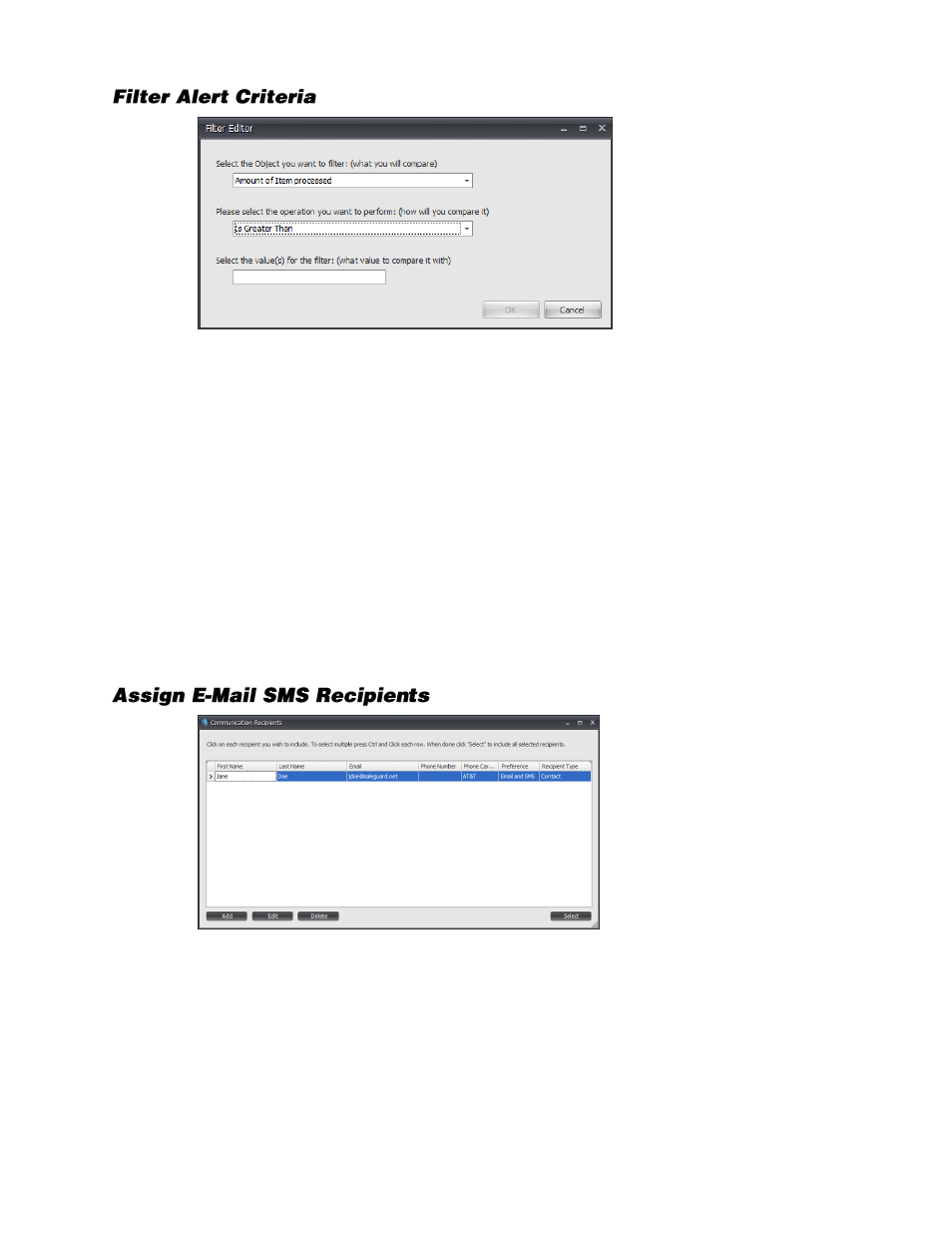 Filter alert criteria, Assign e-mail sms recipients | OpenEye SaleGuard User Manual | Page 47 / 62