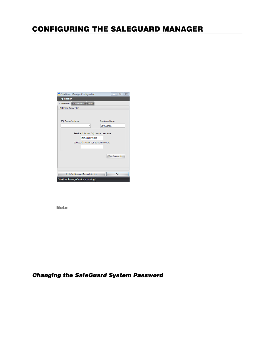 Configuring the saleguard manager, Configuring the database connection, Changing the saleguard system password | OpenEye SaleGuard User Manual | Page 9 / 62