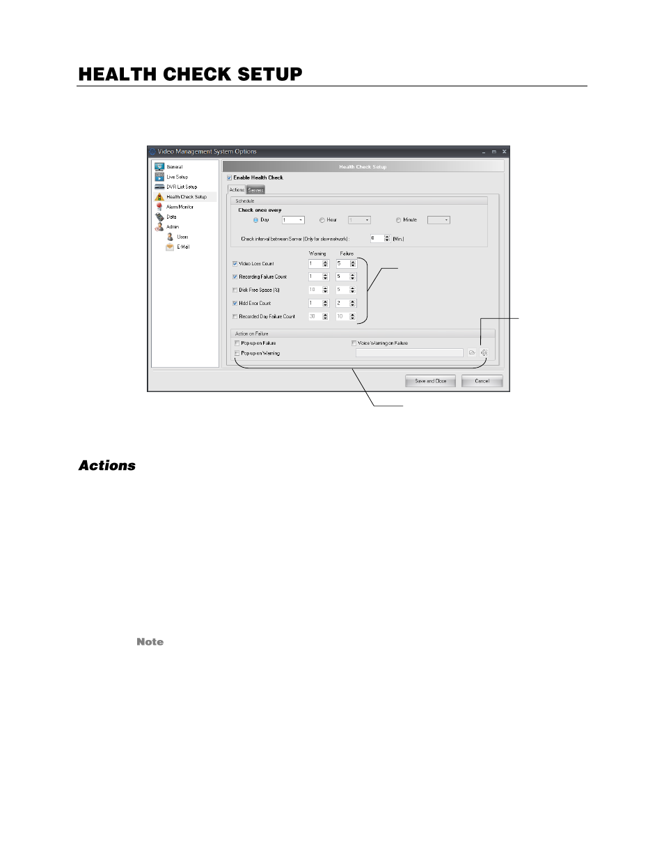 Health check setup, Set up health check options, Actions | OpenEye Gen6 RADIUS-PC User Manual | Page 32 / 70