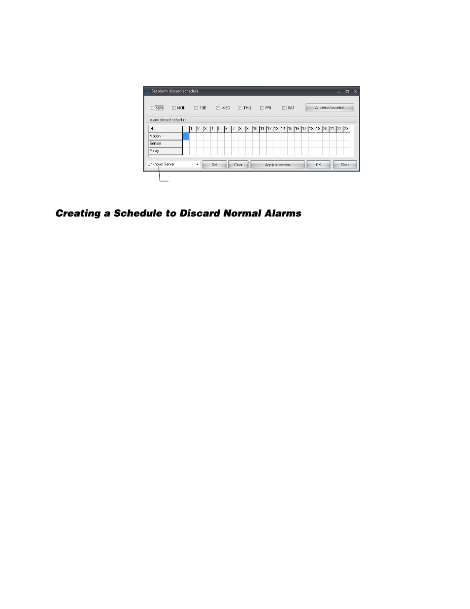 Set schedule to discard alarms, Creating a schedule to discard normal alarms, Scheduling log cleanup | OpenEye Gen6 RADIUS-PC User Manual | Page 39 / 70
