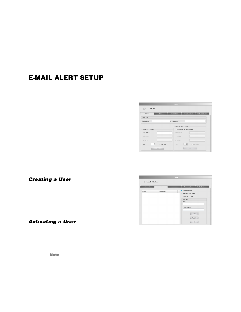 Editing users, E-mail alert setup, General e-mail setup | Users e-mail setup, Creating a user, Activating a user | OpenEye Gen6 RADIUS-PC User Manual | Page 41 / 70