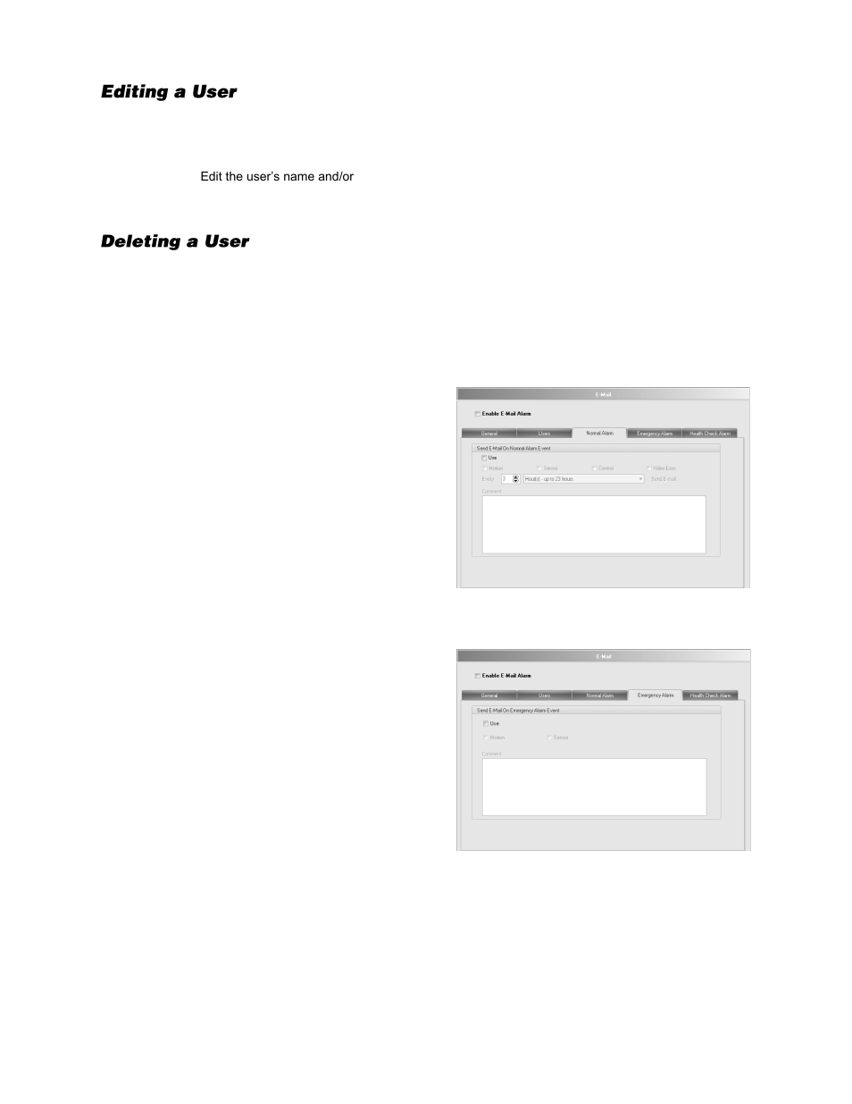 Editing a user, Deleting a user, Normal alarm e-mail setup | Emergency alarm e-mail setup | OpenEye Gen6 RADIUS-PC User Manual | Page 42 / 70