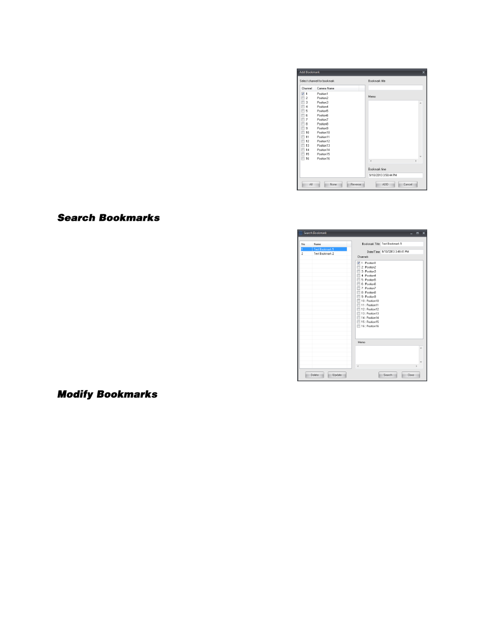 Bookmarks, Search bookmarks, Modify bookmarks | OpenEye Gen6 RADIUS-PC User Manual | Page 55 / 70