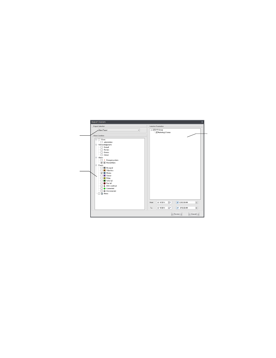 Filter alarm events, View and export alarm reports | OpenEye Gen6 RADIUS-PC User Manual | Page 64 / 70