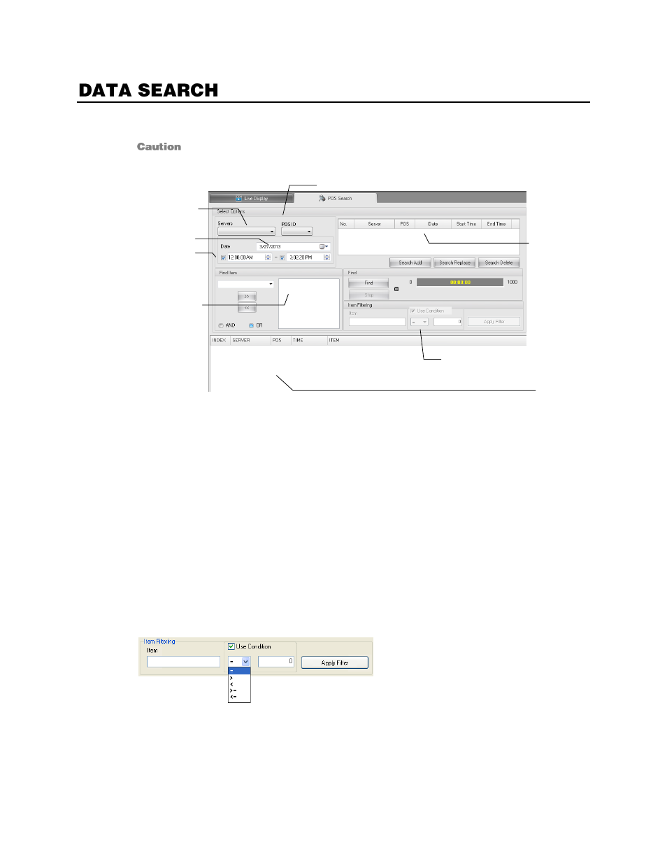 Data search, Search pos data, Filter data search results | OpenEye Gen6 RADIUS-PC User Manual | Page 69 / 70