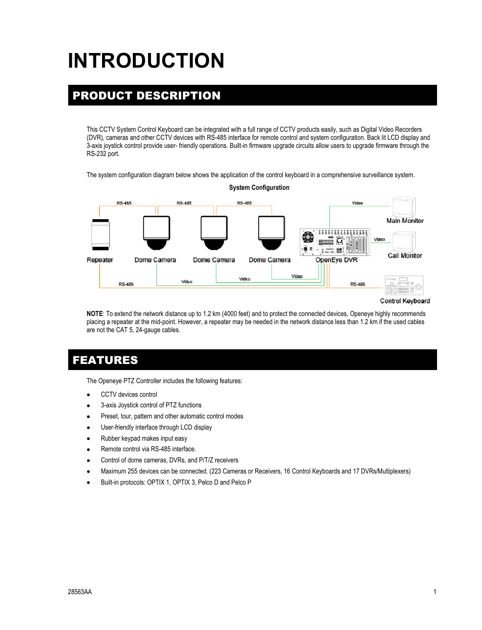 Introduction, Product description, Features | OpenEye CA-501J PTZ User Manual | Page 15 / 38