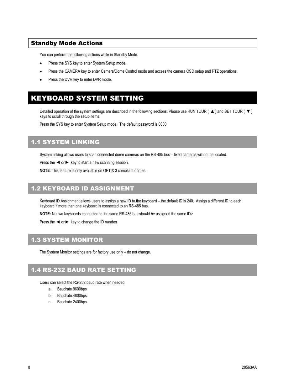 Keyboard system setting, Standby mode actions, 1 system linking | 2 keyboard id assignment, 3 system monitor, 4 rs-232 baud rate setting | OpenEye CA-501J PTZ User Manual | Page 22 / 38