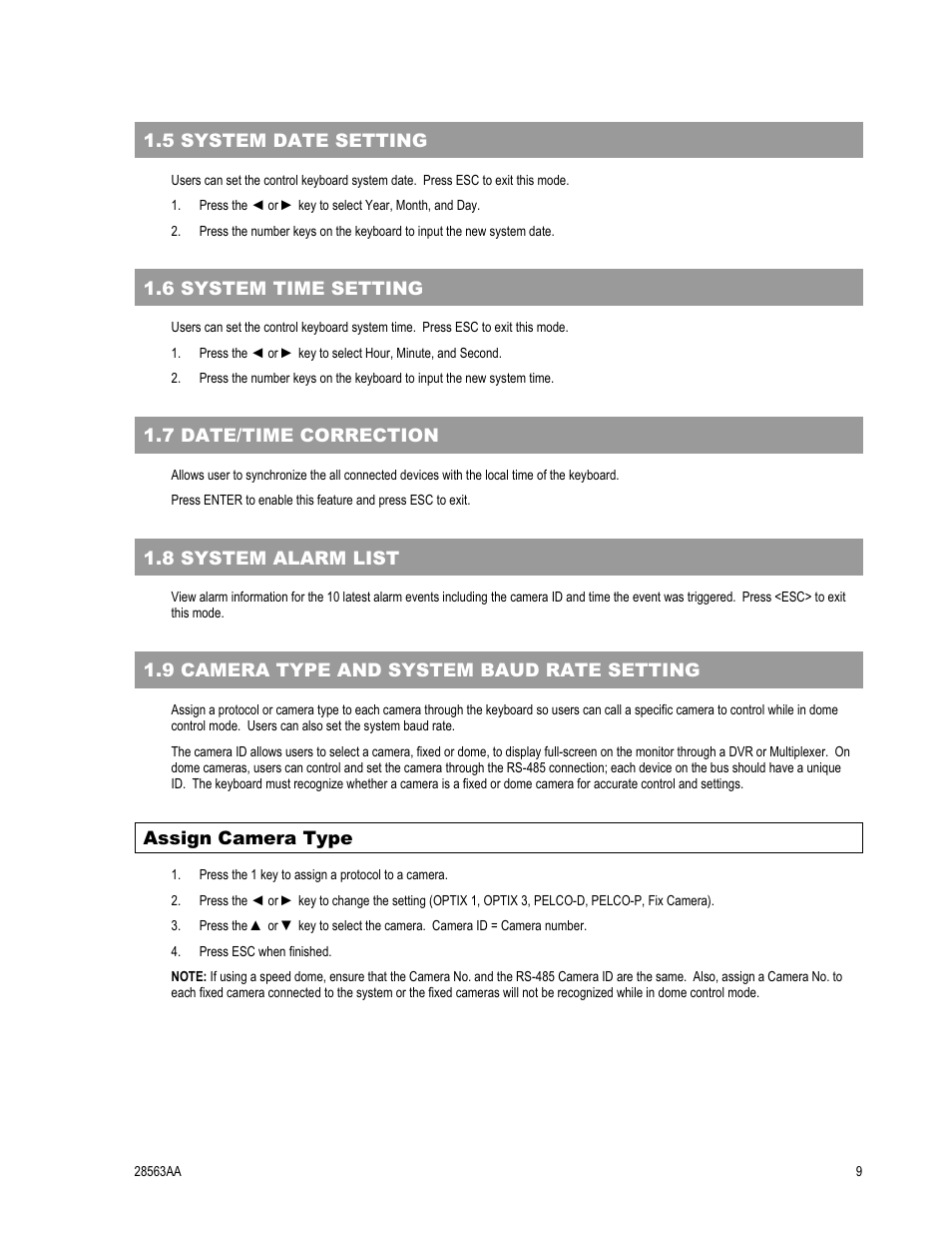 5 system date setting, 6 system time setting, 7 date/time correction | 8 system alarm list, 9 camera type and system baud rate setting, Assign camera type | OpenEye CA-501J PTZ User Manual | Page 23 / 38