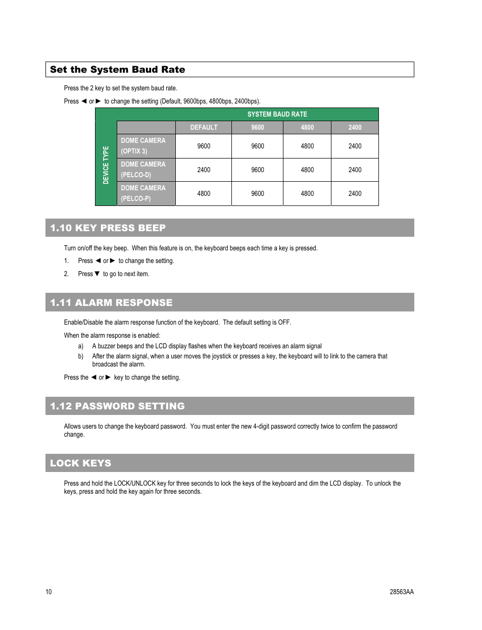 Set the system baud rate, 10 key press beep, 11 alarm response | 12 password setting, Lock keys | OpenEye CA-501J PTZ User Manual | Page 24 / 38