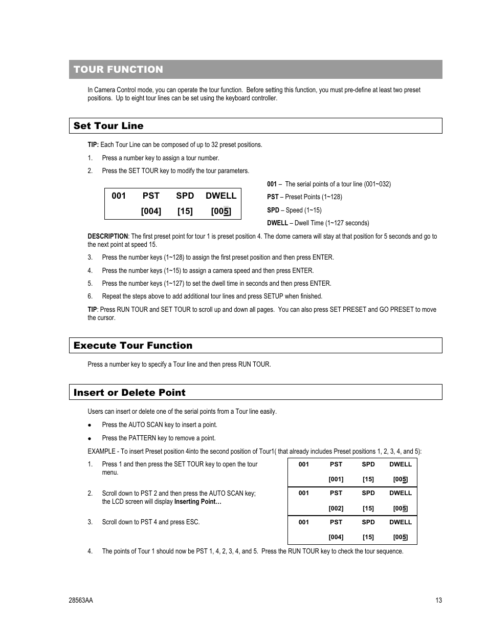 Tour function, Set tour line, Execute tour function | Insert or delete point | OpenEye CA-501J PTZ User Manual | Page 27 / 38