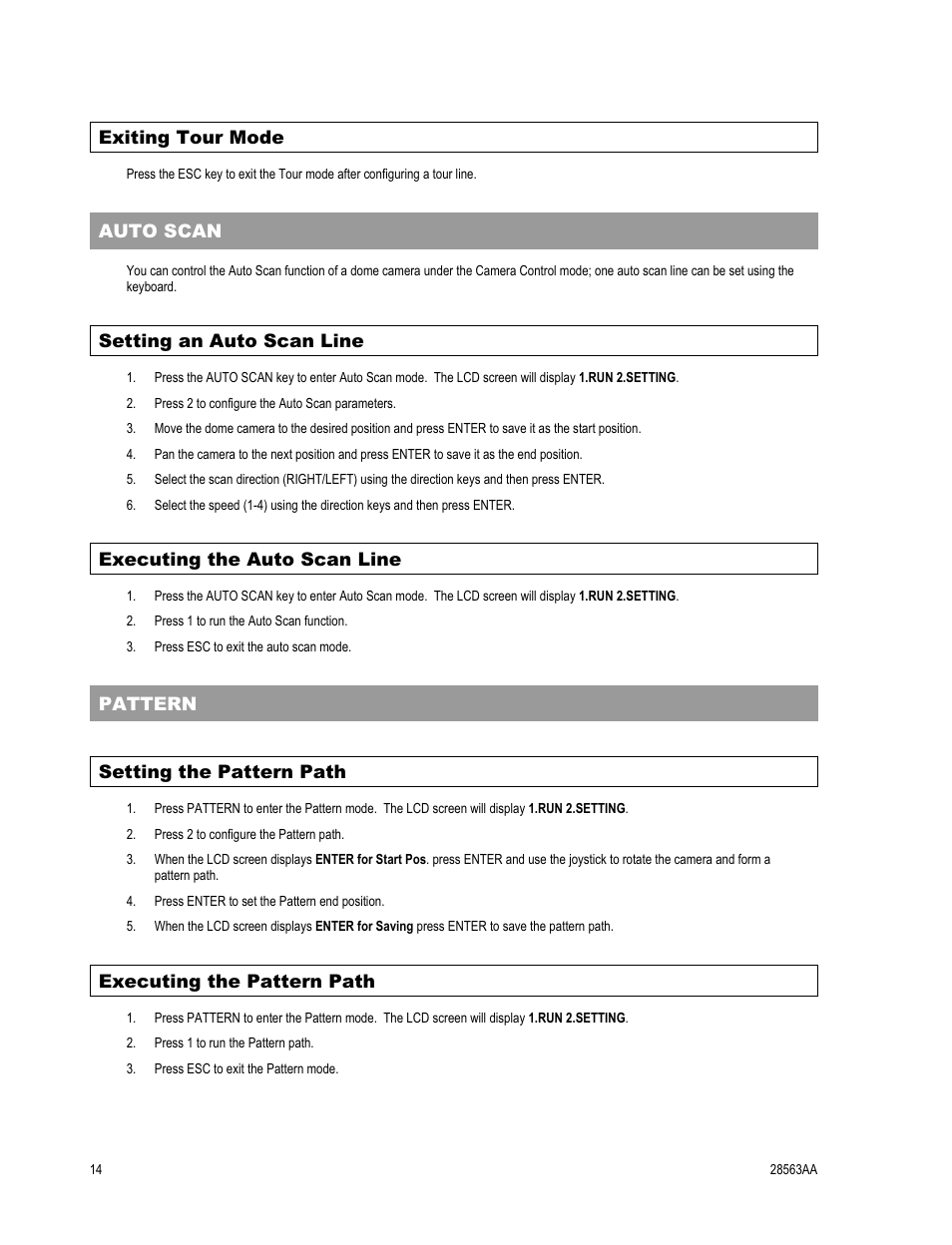 Exiting tour mode, Auto scan, Setting an auto scan line | Executing the auto scan line, Pattern, Setting the pattern path, Executing the pattern path | OpenEye CA-501J PTZ User Manual | Page 28 / 38