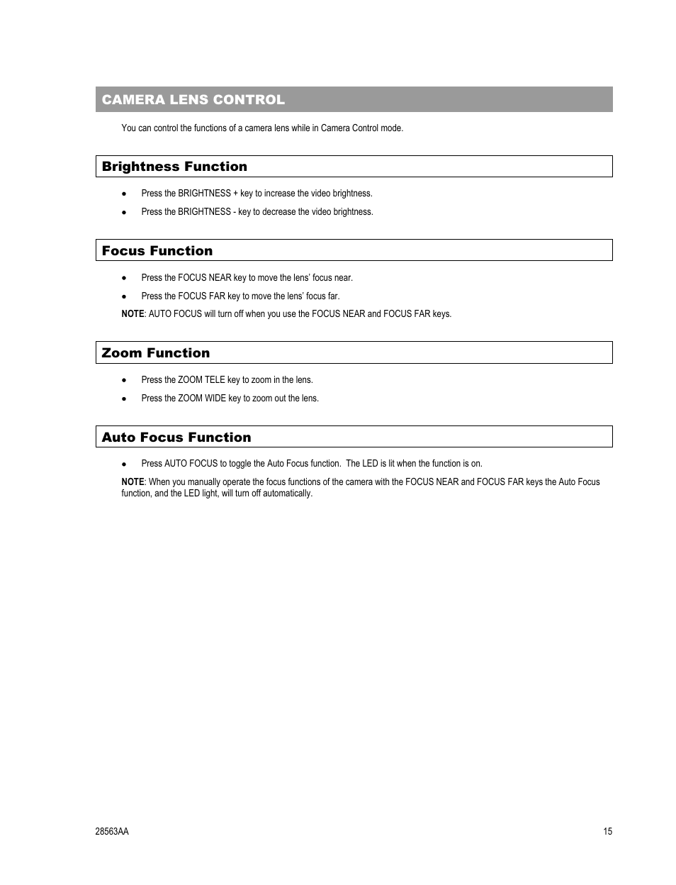 Camera lens control, Brightness function, Focus function | Zoom function, Auto focus function | OpenEye CA-501J PTZ User Manual | Page 29 / 38