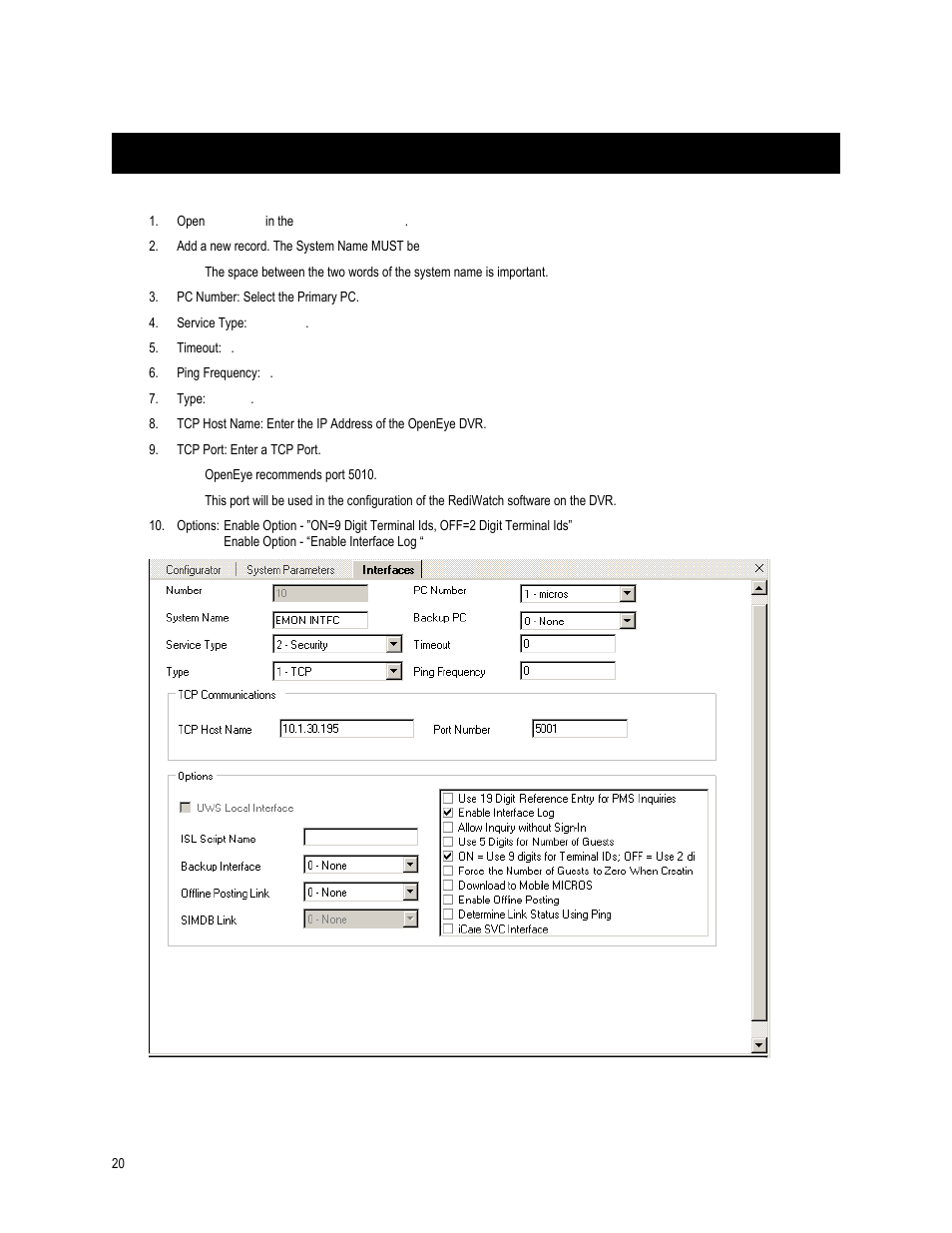 Micros 9700 configuration | OpenEye SW-RWTCP User Manual | Page 20 / 51