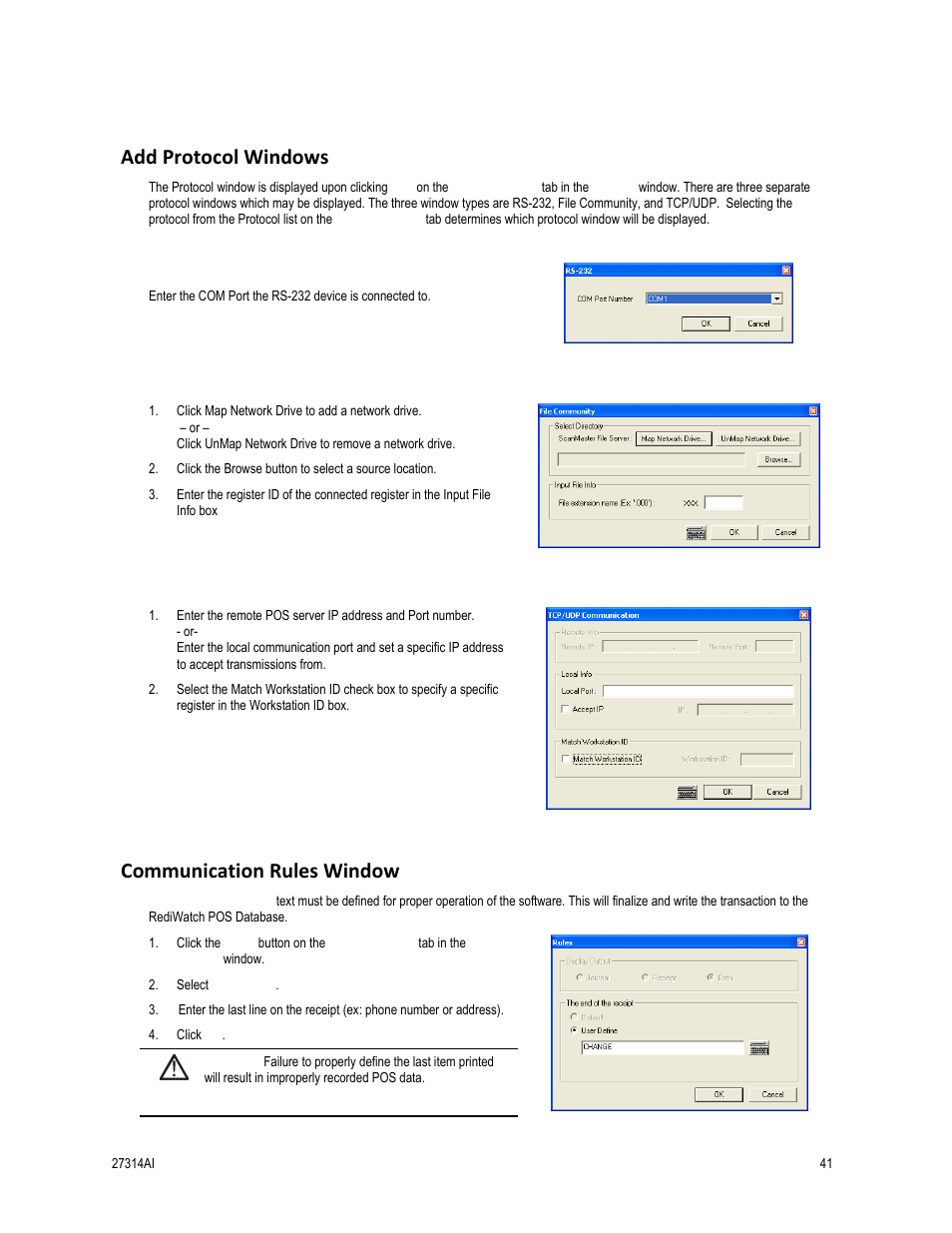 Add protocol windows, Communication rules window | OpenEye SW-RWTCP User Manual | Page 41 / 51