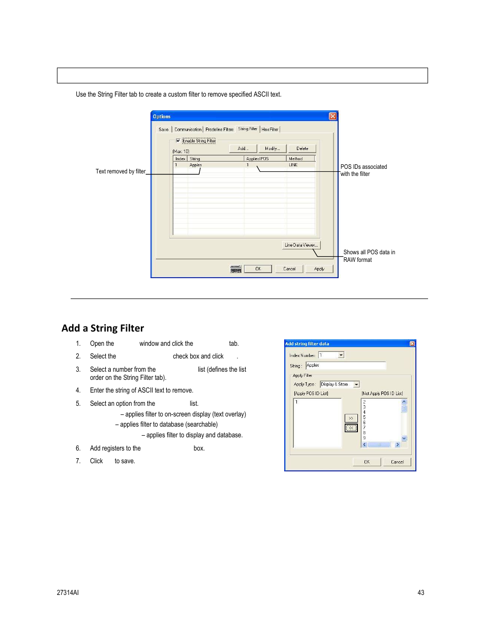 Add a string filter, String filter tab | OpenEye SW-RWTCP User Manual | Page 43 / 51