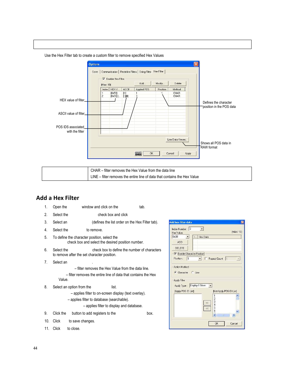 Add a hex filter, Hex filter tab | OpenEye SW-RWTCP User Manual | Page 44 / 51