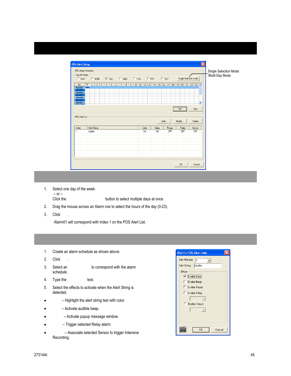 Pos alert setup, Create a pos alarm schedule, Create a pos alert | OpenEye SW-RWTCP User Manual | Page 45 / 51