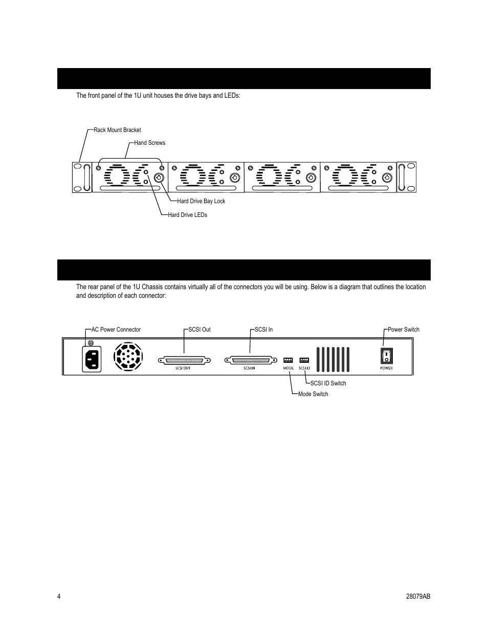 Front panel controls and leds, Rear panel connectors | OpenEye GraniteRack 1U User Manual | Page 12 / 23