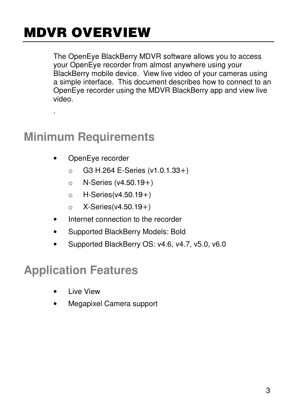 Mdvr overview, Minimum requirements, Application features | OpenEye Blackberry MDVR User Manual | Page 3 / 7