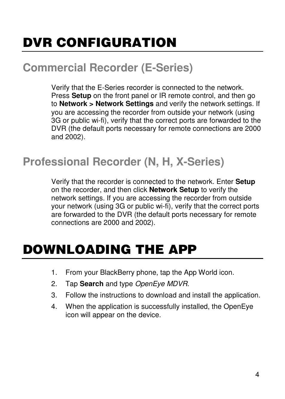 Dvr configuration, Downloading the app, Commercial recorder (e-series) | Professional recorder (n, h, x-series) | OpenEye Blackberry MDVR User Manual | Page 4 / 7