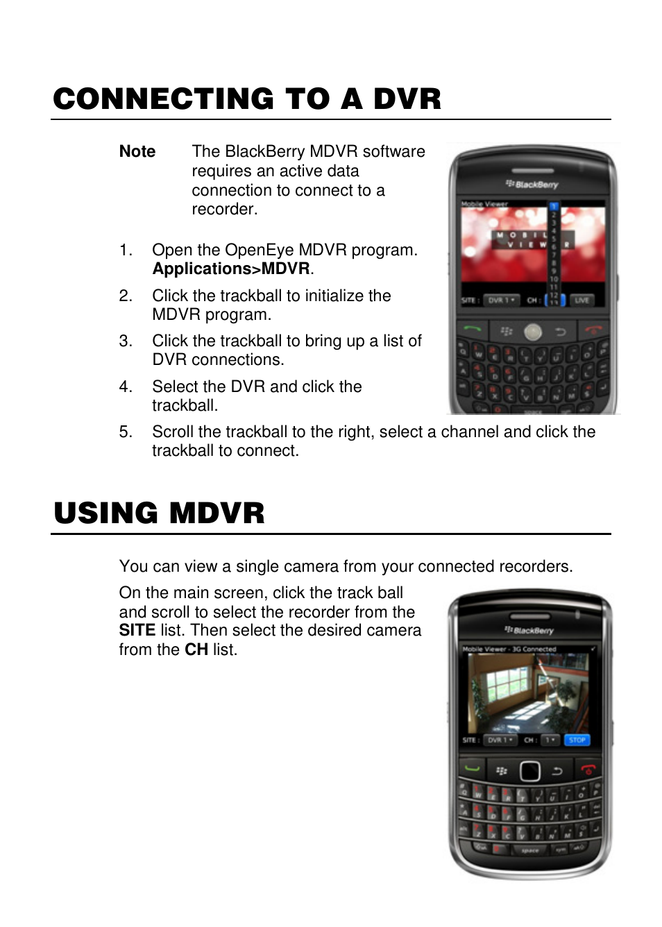 Connecting to a dvr, Using mdvr | OpenEye Blackberry MDVR User Manual | Page 6 / 7