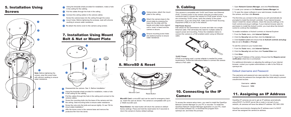 Assigning an ip address, Cabling, Microsd & reset | Installation using mount bolt & nut or mount plate, Default username and password | OpenEye OE-C7022 Quick Start User Manual | Page 2 / 2