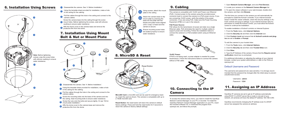 Assigning an ip address, Cabling, Microsd & reset | Default username and password | OpenEye OE-C7012-RW Quick Start User Manual | Page 2 / 2