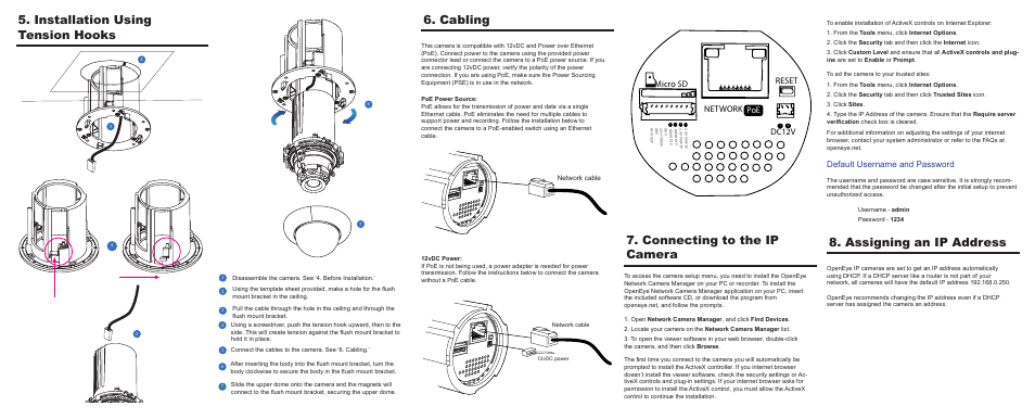 Installation using tension hooks, Cabling, Connecting to the ip camera | Assigning an ip address, Reset network poe dc12v, Micro sd, Default username and password | OpenEye OE-C6012-RW Quick Start User Manual | Page 2 / 2
