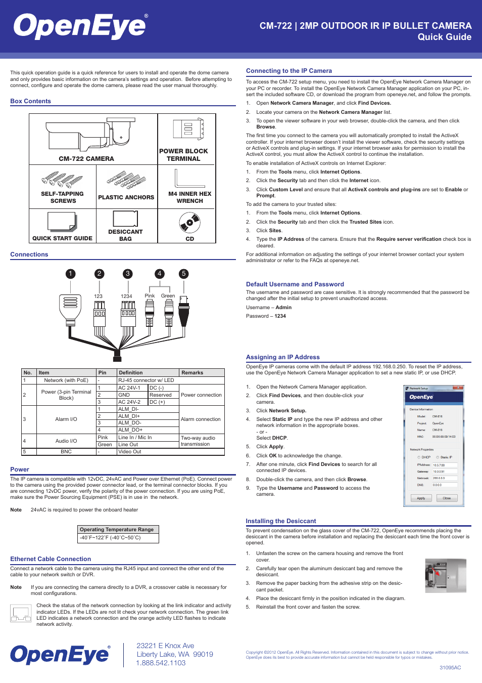 OpenEye CM-722 Quick Start User Manual | 1 page