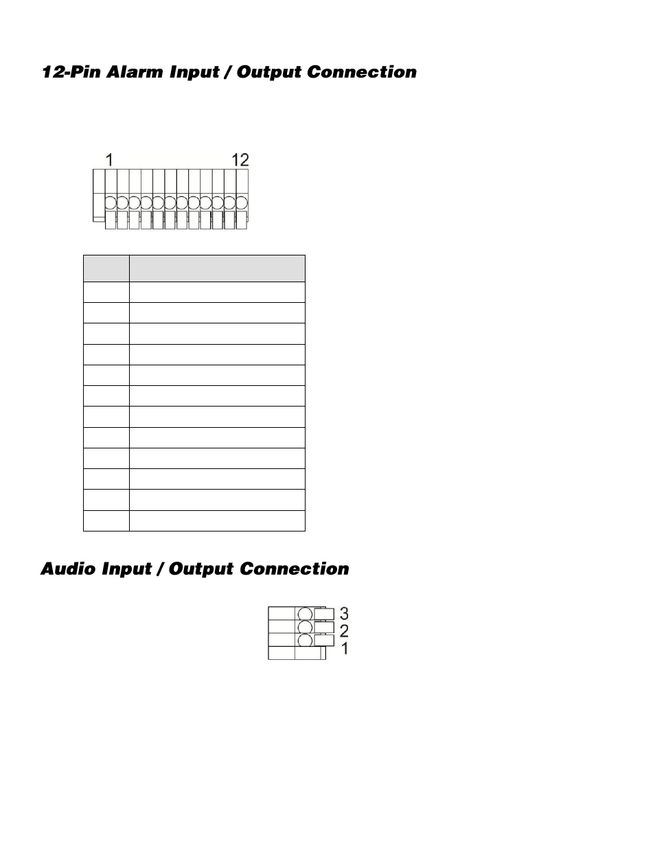 Pin alarm input / output connection, Audio input / output connection | OpenEye CM-816 User Manual | Page 17 / 59