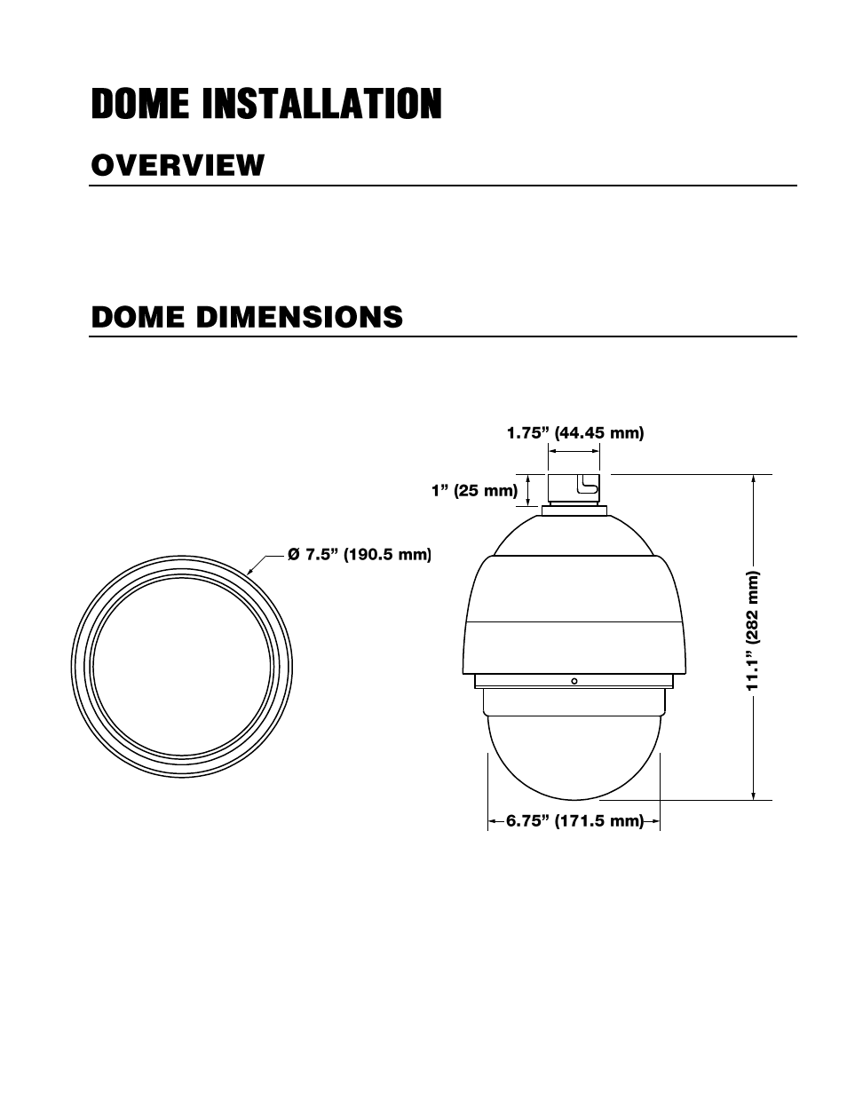 Dome installation, Overview, Dome dimensions | OpenEye CM-816 User Manual | Page 18 / 59
