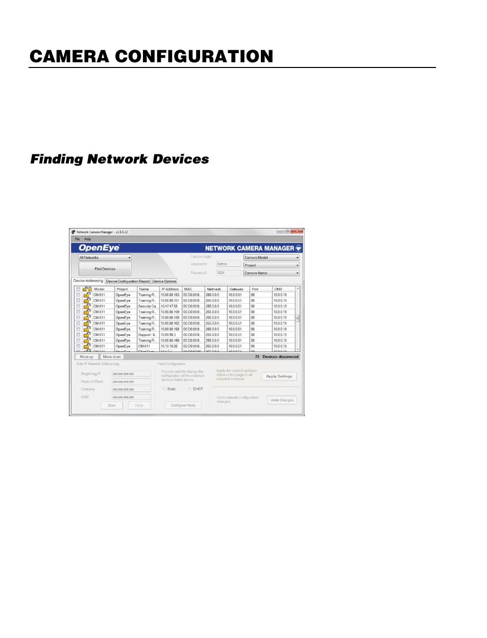 Camera configuration, Device addressing, Finding network devices | OpenEye CM-816 User Manual | Page 27 / 59