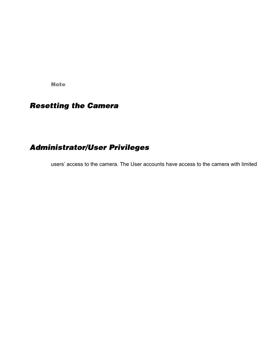 Connecting to the camera, Resetting the camera, Administrator/user privileges | OpenEye CM-816 User Manual | Page 28 / 59