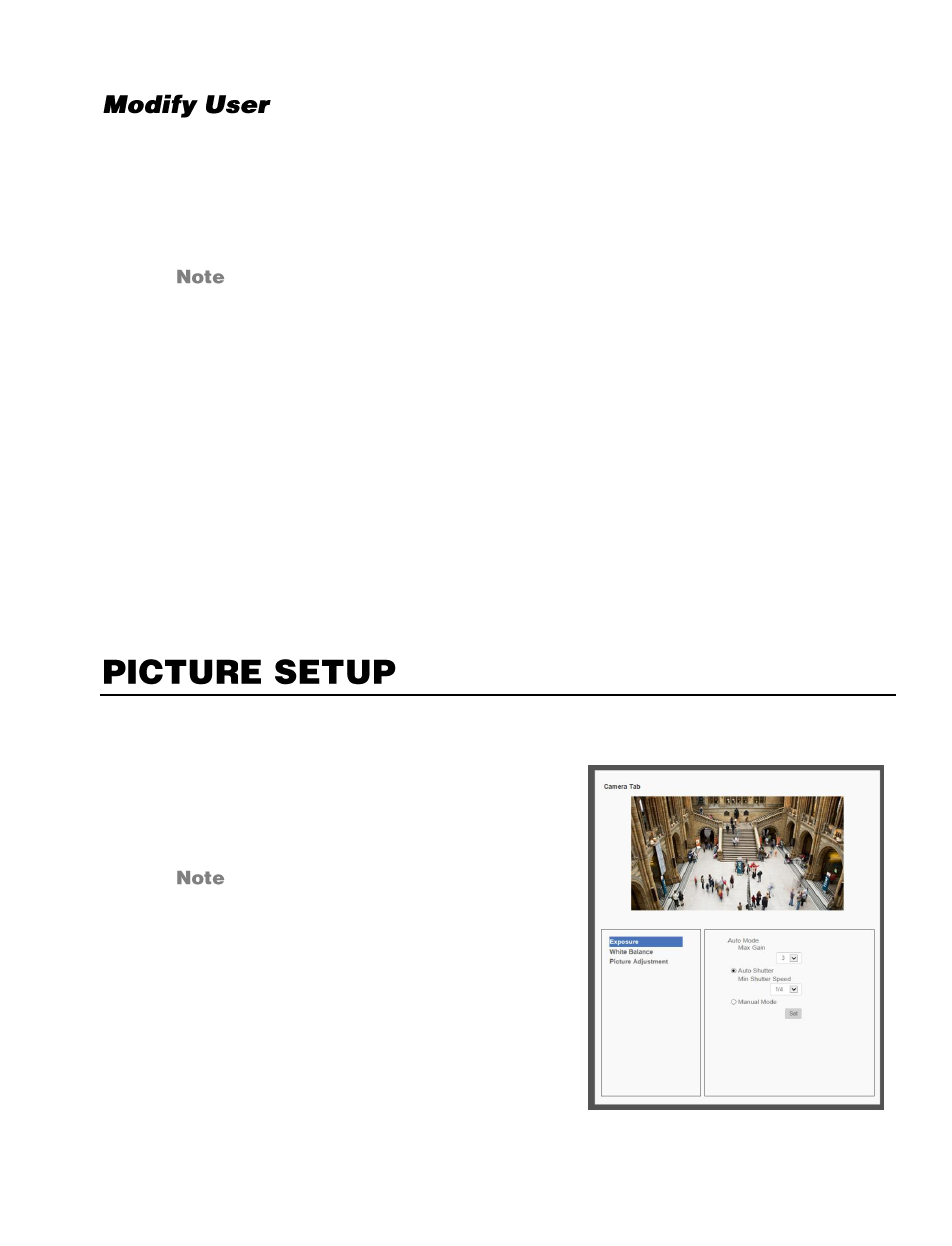 Modify user, File location, Picture setup | Camera tab | OpenEye CM-816 User Manual | Page 36 / 59