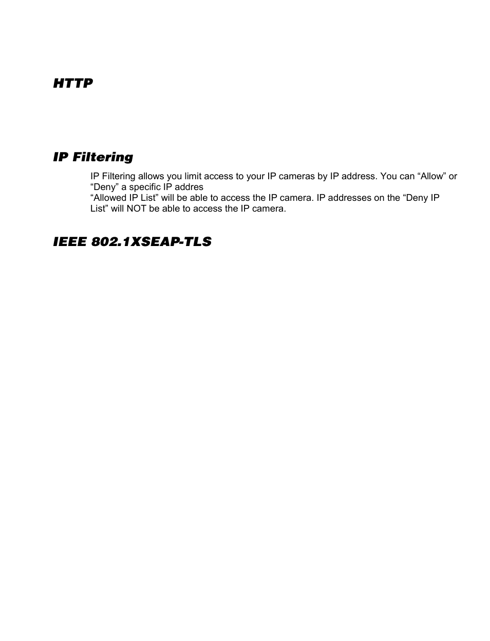 Network security, Http, Ip filtering | Ieee 802.1xseap-tls | OpenEye CM-816 User Manual | Page 46 / 59