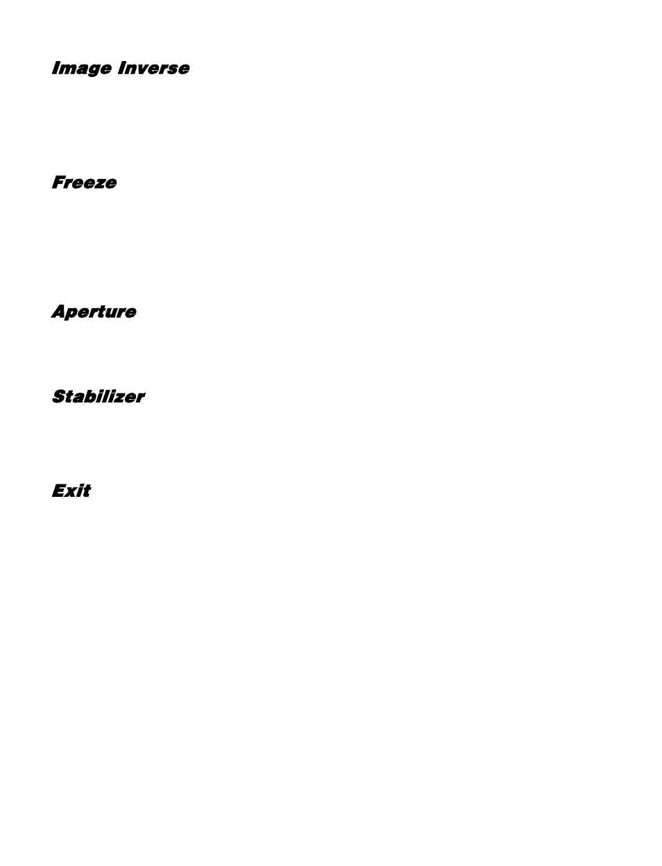 Image inverse, Freeze, Aperture | Stabilizer, Exit | OpenEye CM-512 User Manual | Page 35 / 77