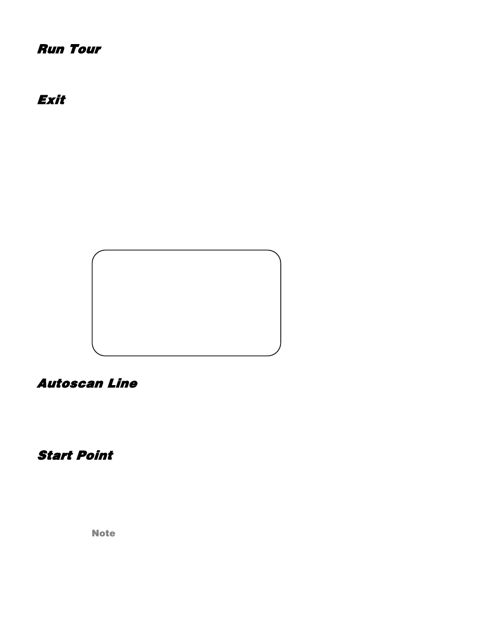 Run tour, Exit, Autoscan | Autoscan line, Start point | OpenEye CM-512 User Manual | Page 42 / 77