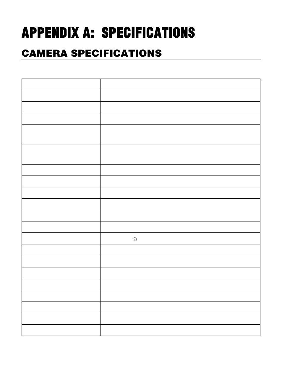 Appendix a: specifications, Camera specifications | OpenEye CM-512 User Manual | Page 56 / 77