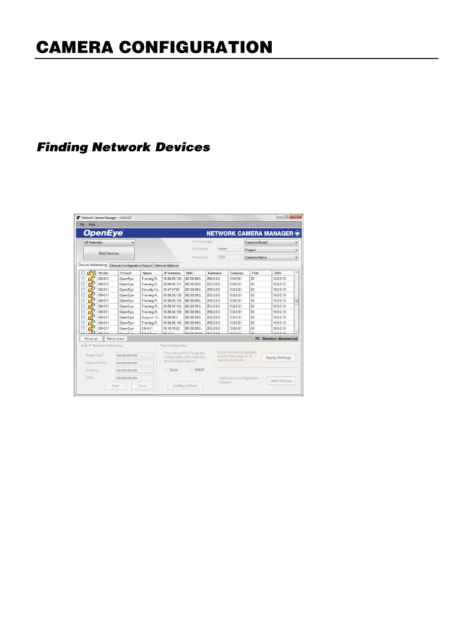 Camera configuration, Device addressing, Finding network devices | OpenEye OE-C7163 User Manual | Page 24 / 58