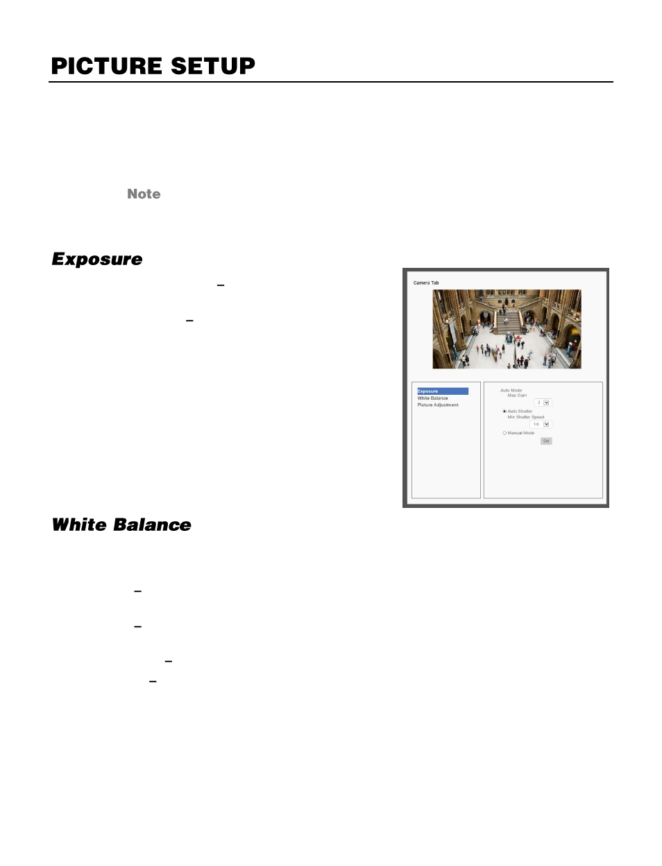 Picture setup, Camera tab, Exposure | White balance | OpenEye OE-C7163 User Manual | Page 34 / 58