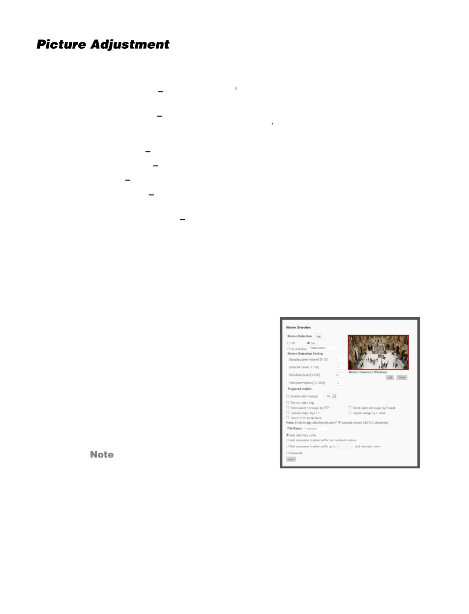Picture adjustment, Motion detection | OpenEye OE-C7163 User Manual | Page 35 / 58