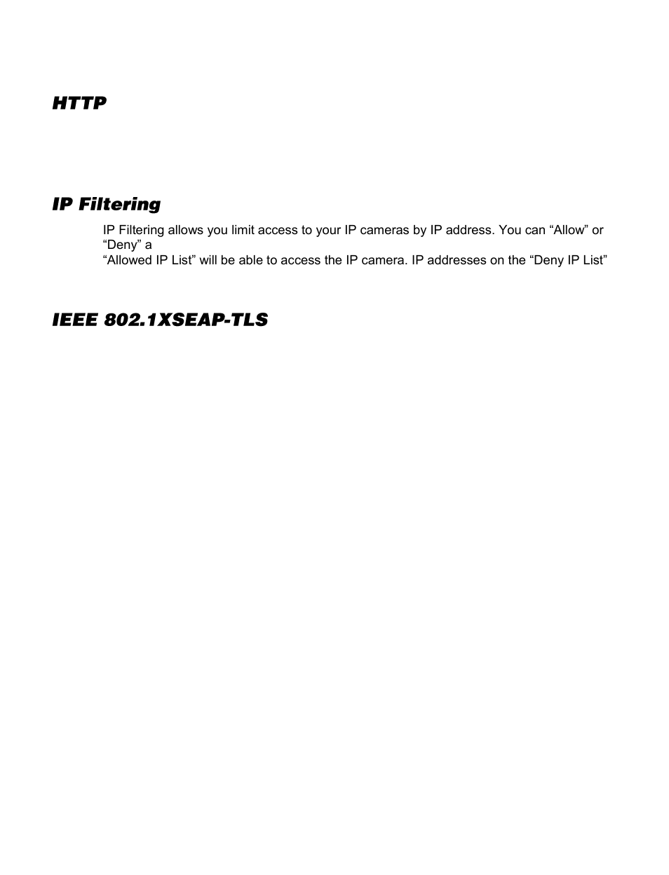 Network security, Http, Ip filtering | Ieee 802.1xseap-tls | OpenEye OE-C7163 User Manual | Page 43 / 58