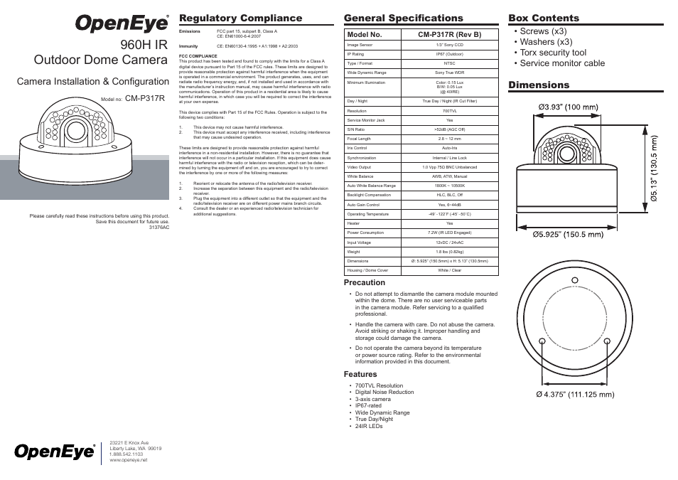 OpenEye 960H IR User Manual | 2 pages