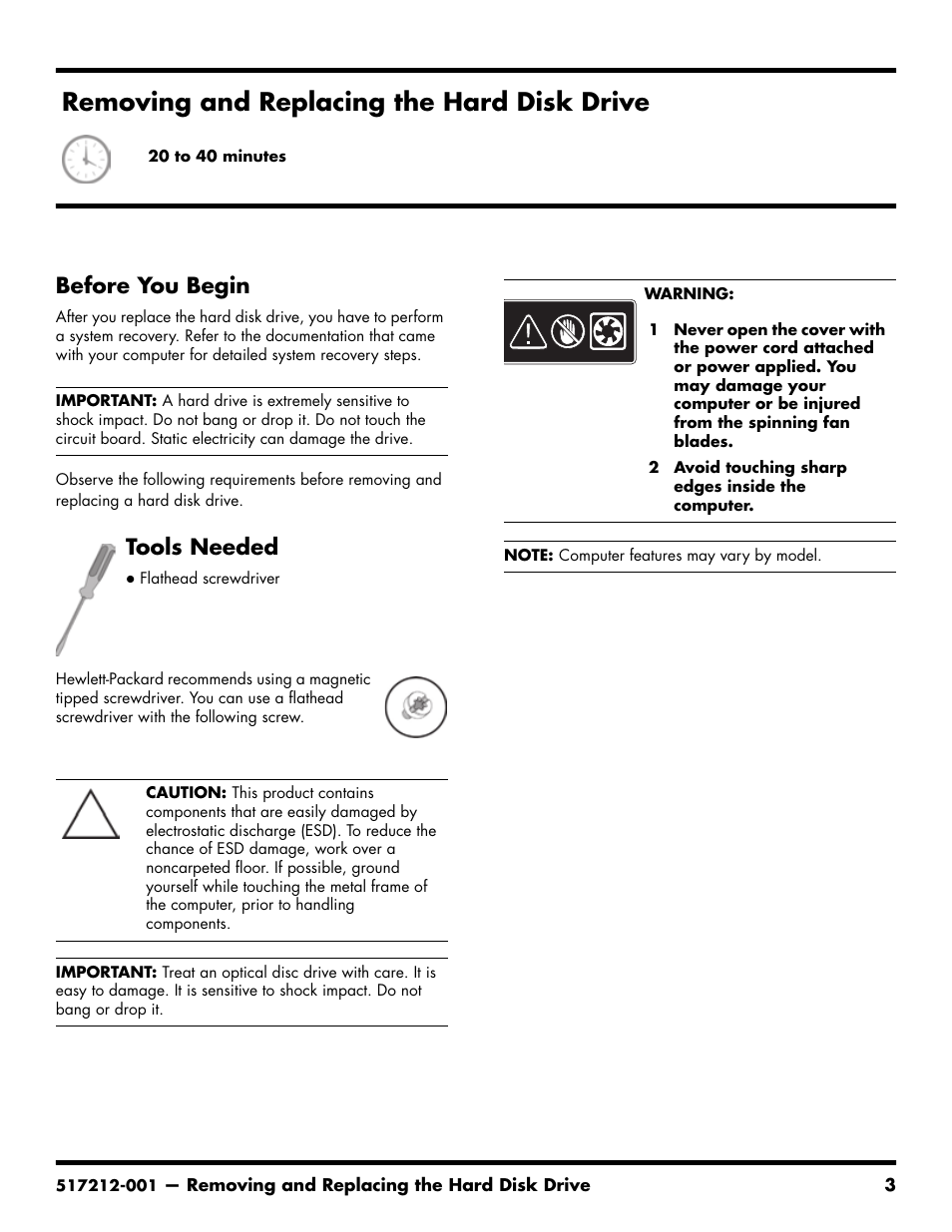 Removing and replacing the hard disk drive, Before you begin, Tools needed | Compaq 517212-001 User Manual | Page 5 / 26